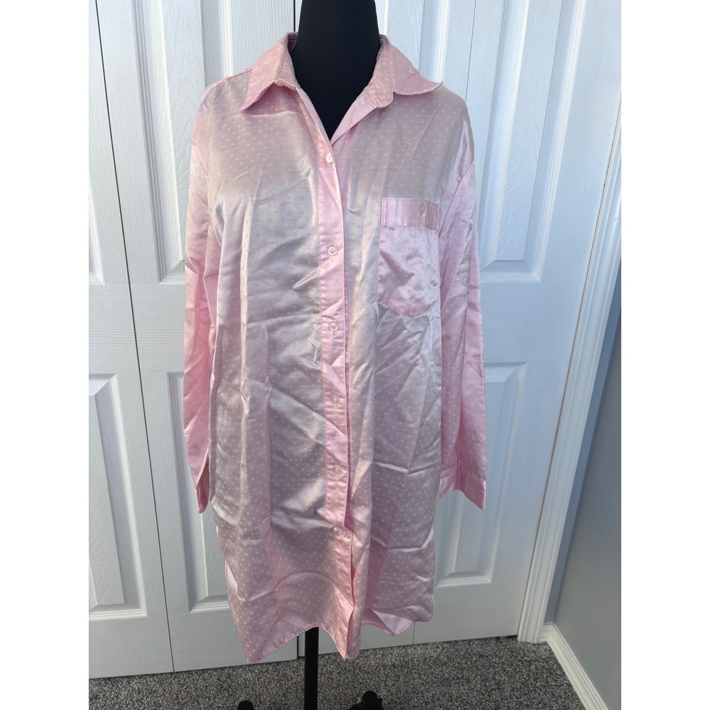 Beth Michaels VINTAGE Pink Polka Dot‎ Satin Nightshirt Pajama Top L Long Sleeve